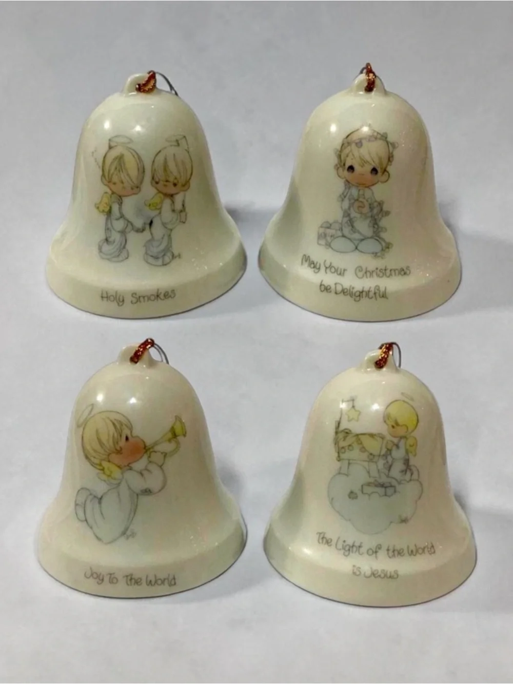 Vintage Set of 4 Precious Moments by Enesco Porcelain Bell Christmas Ornaments